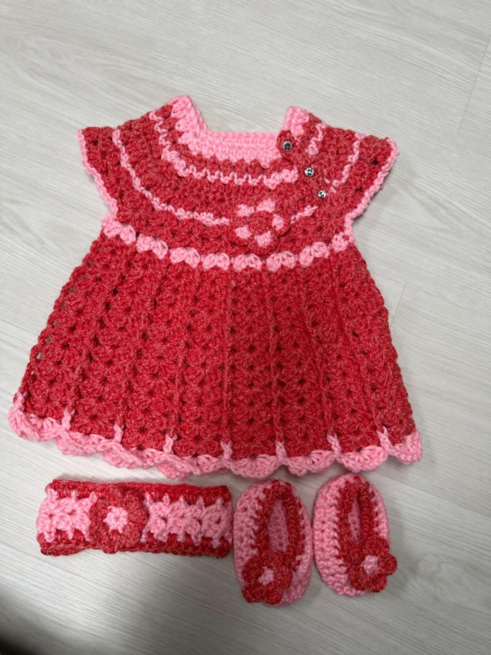 Handmade Pink & Red Crochet Baby Dress Set